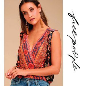 Free People Havana Floral Mesh Cropped Tank Large Orange Black Sleeveless - L